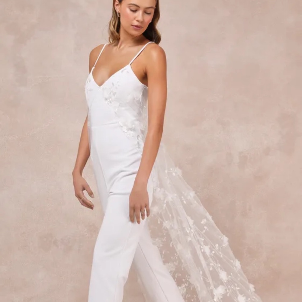 Elegant White Jumpsuit with Lace Train lulus size large